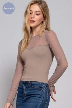 Mushroom Taupe Crew Neck Mesh Sweetheart  Long Sleeve Ribbed Top